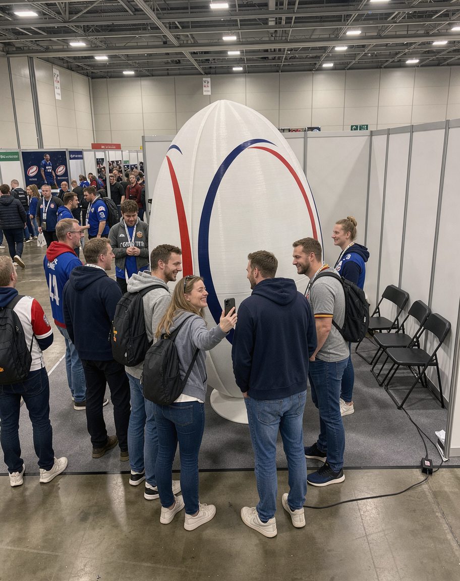 Visitatori di una fiera che si fotografano davanti a un pallone da rugby gigante stampato in 3D su uno stand