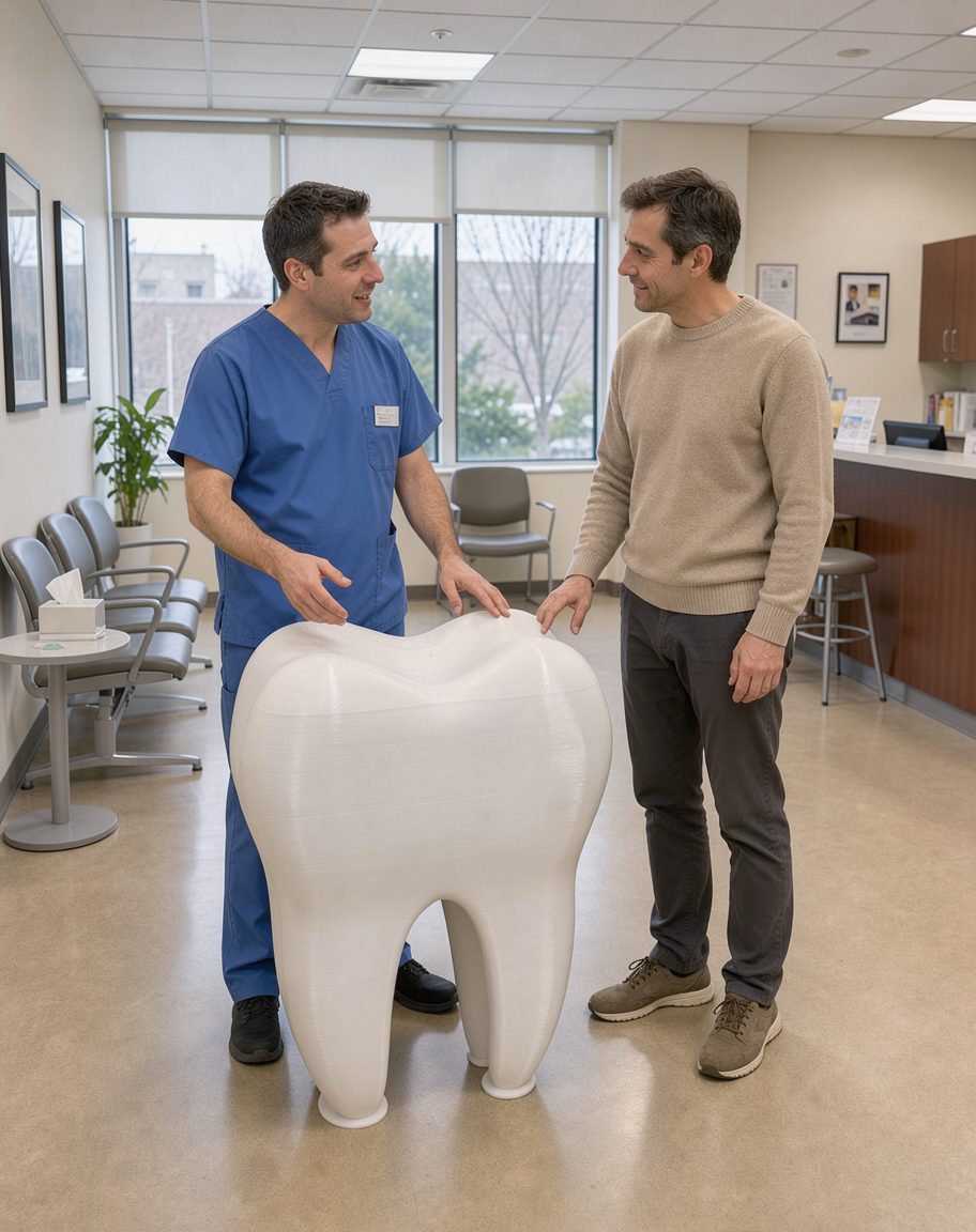 Dentiste expliquant à un patient avec une dent géante imprimée en 3D dans un cabinet dentaire moderne