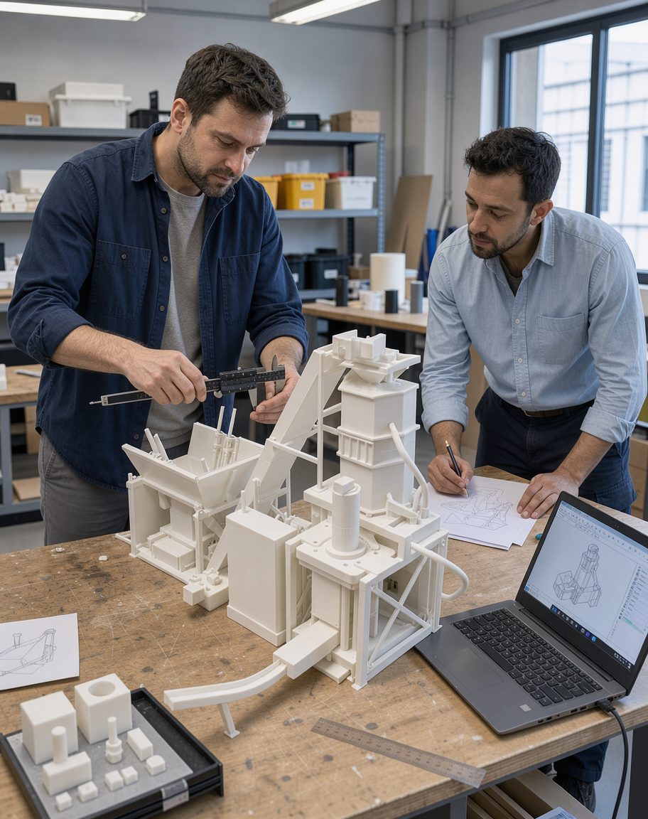 Chef de projet R&D et designer industriel évaluant un prototype grand format imprimé en 3D en plastique FDM