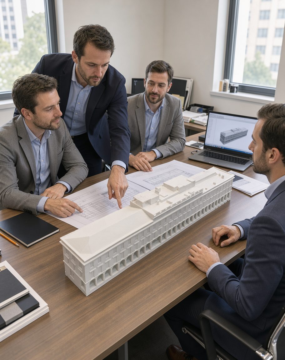 Architecte présentant à ses clients une maquette de bâtiment imprimée en 3D en plastique blanc