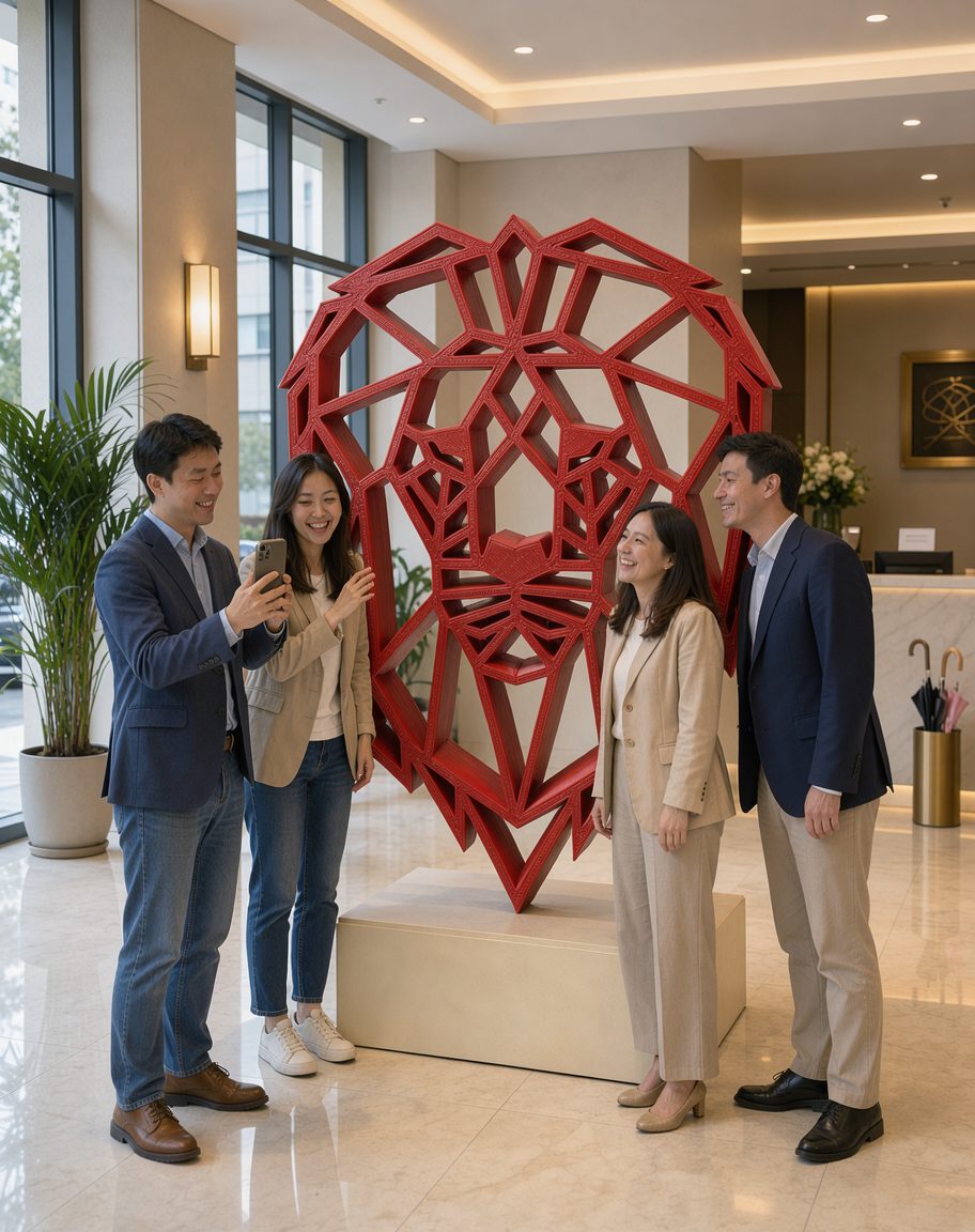 Clients d'un hall d'hôtel photographiant une sculpture de lion géante imprimée en 3D et peinte, PAMI3D