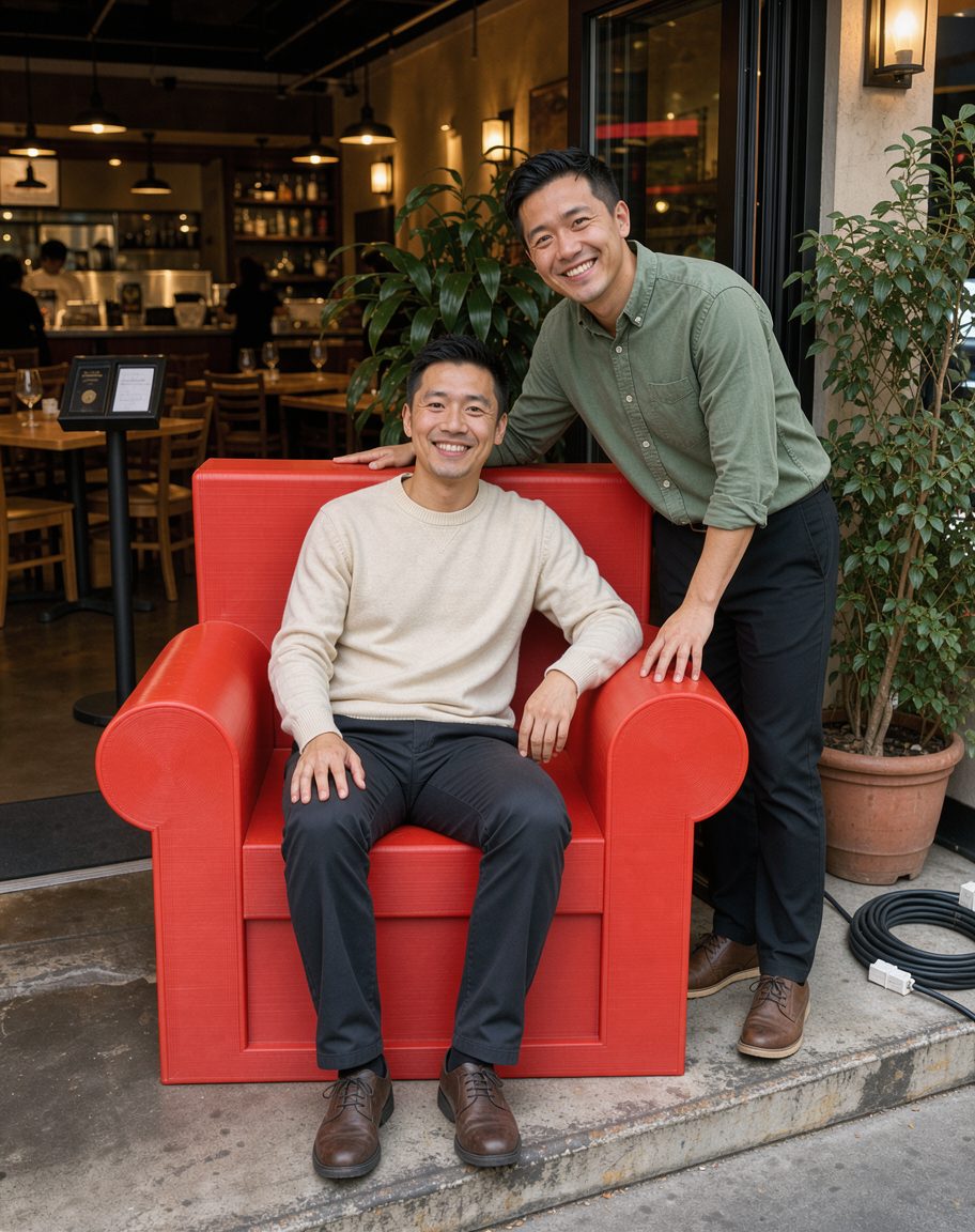 Clients posant avec un fauteuil géant décoratif imprimé en 3D à l'entrée d'un restaurant, PAMI3D