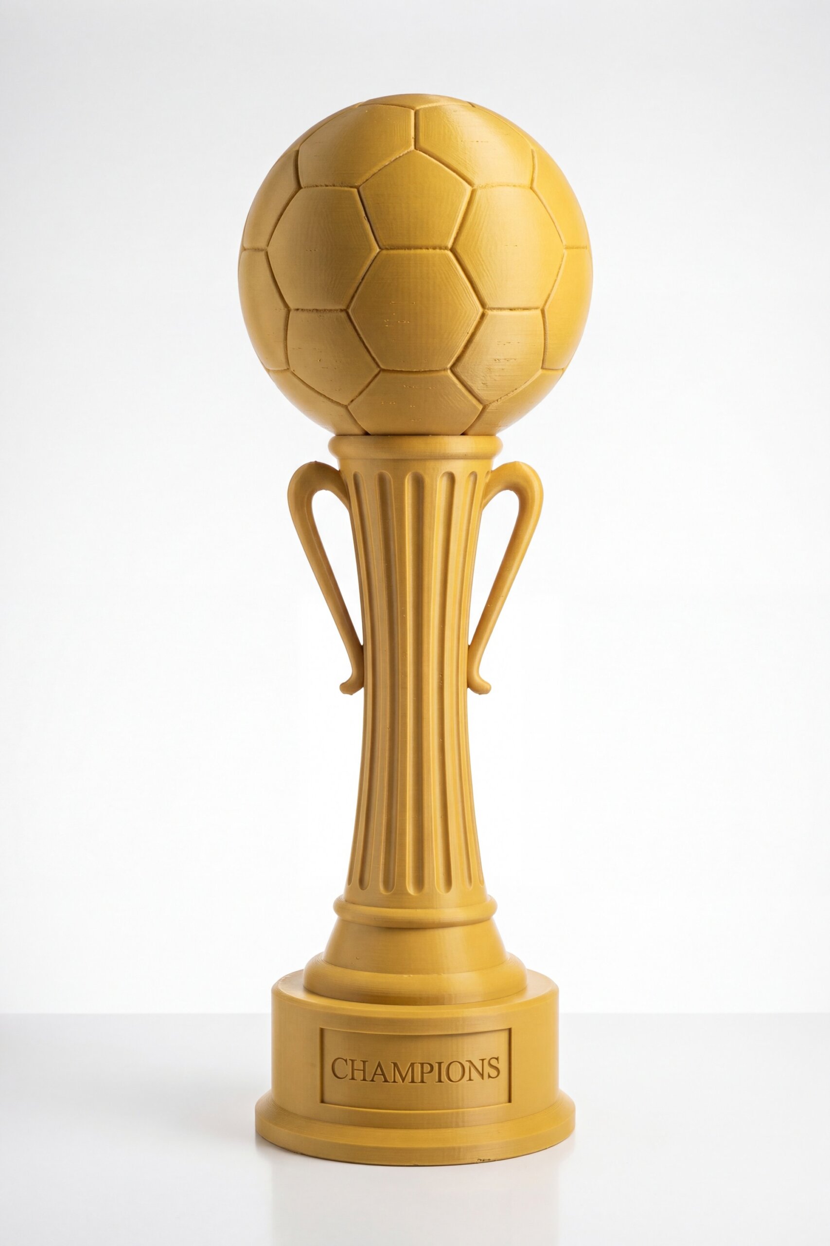 Trophée 3D foot 90 cm or imprimé par PAMI3D, finition gold PLA filament FDM, design ballon foot et colonne classique avec base CHAMPIONS, fabrication France grand format